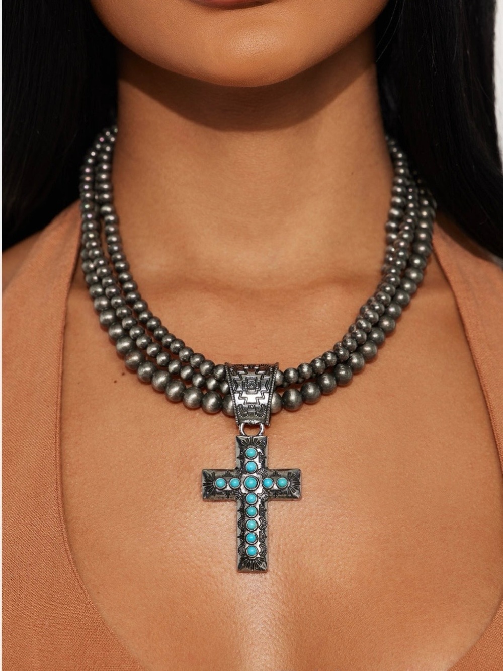Turquoise Cross Silver Bead Necklace - Women Jewelry